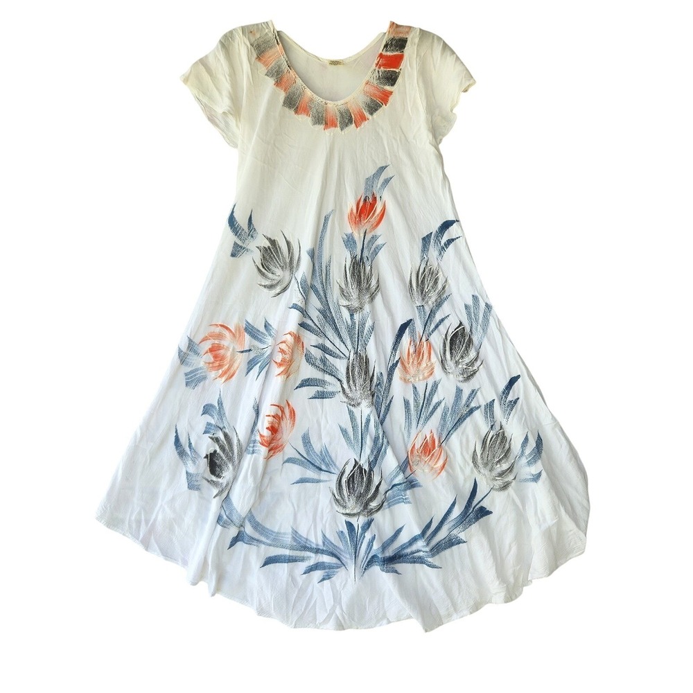 Seven Islands White Floral Dress Large L Boho Artsy Summer Short Sleeve Coastal